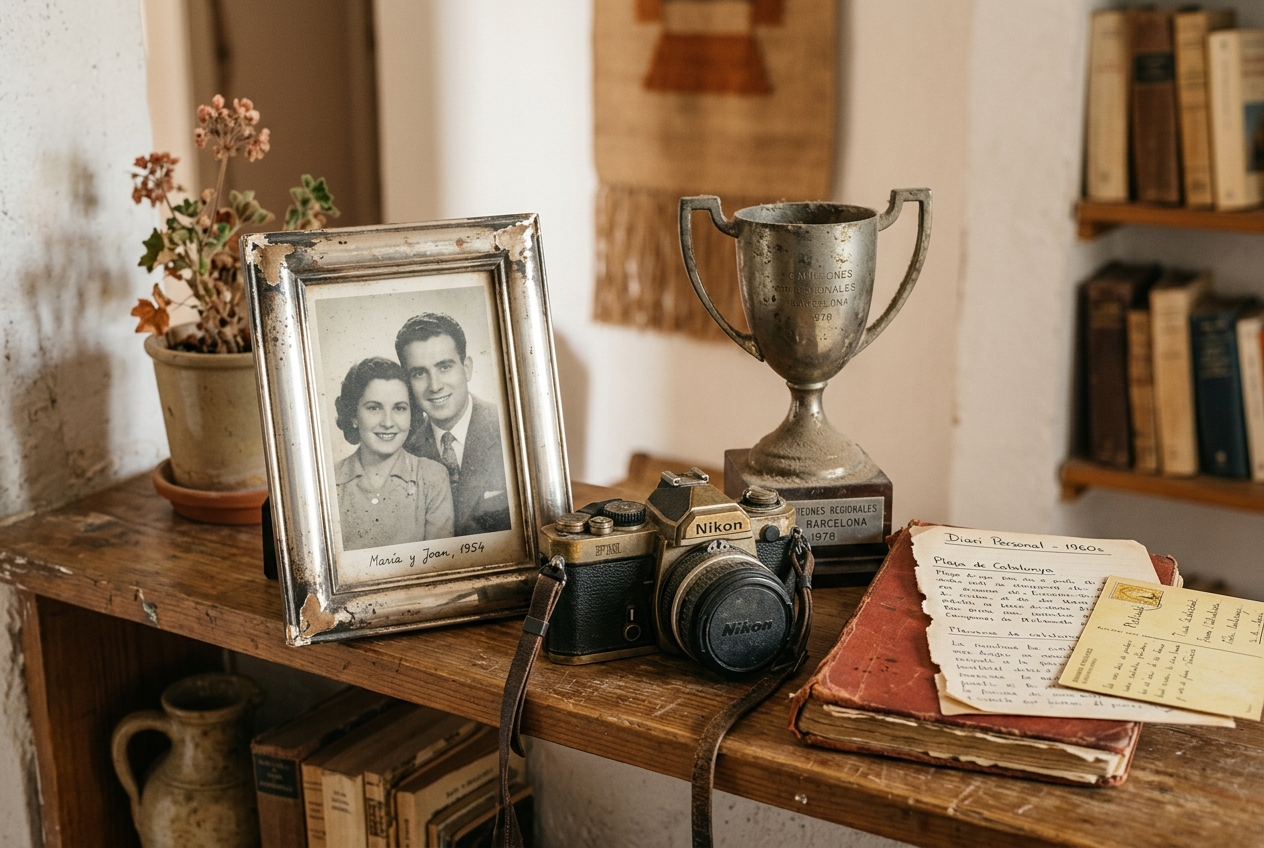 Objectes vells amb història: marc de fotografia deteriorat, càmera antiga, trofeu oblidat amb pols
