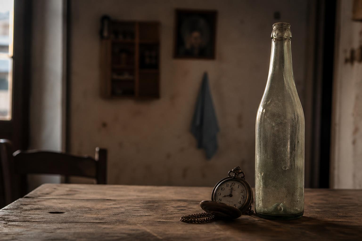 Botella buida i rellotge aturat sobre taula de fusta