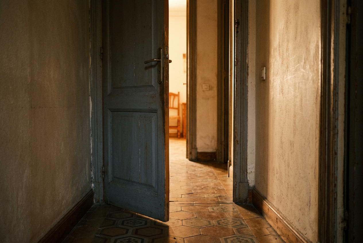 Passadís amb llum que entra per una porta entreoberta