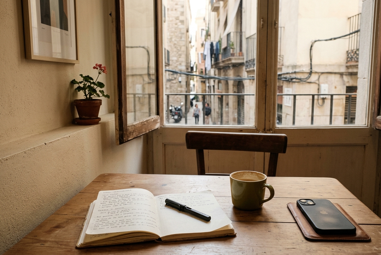 Racó d’interior barceloní amb llum suau, pausa i claredat
