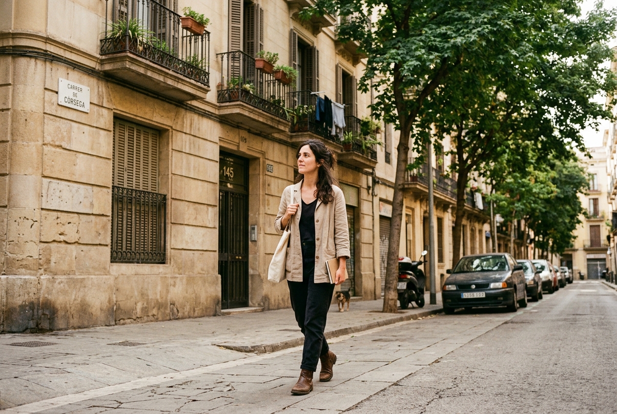 Persona caminant per un carrer de l’Eixample, pausa reflexiva