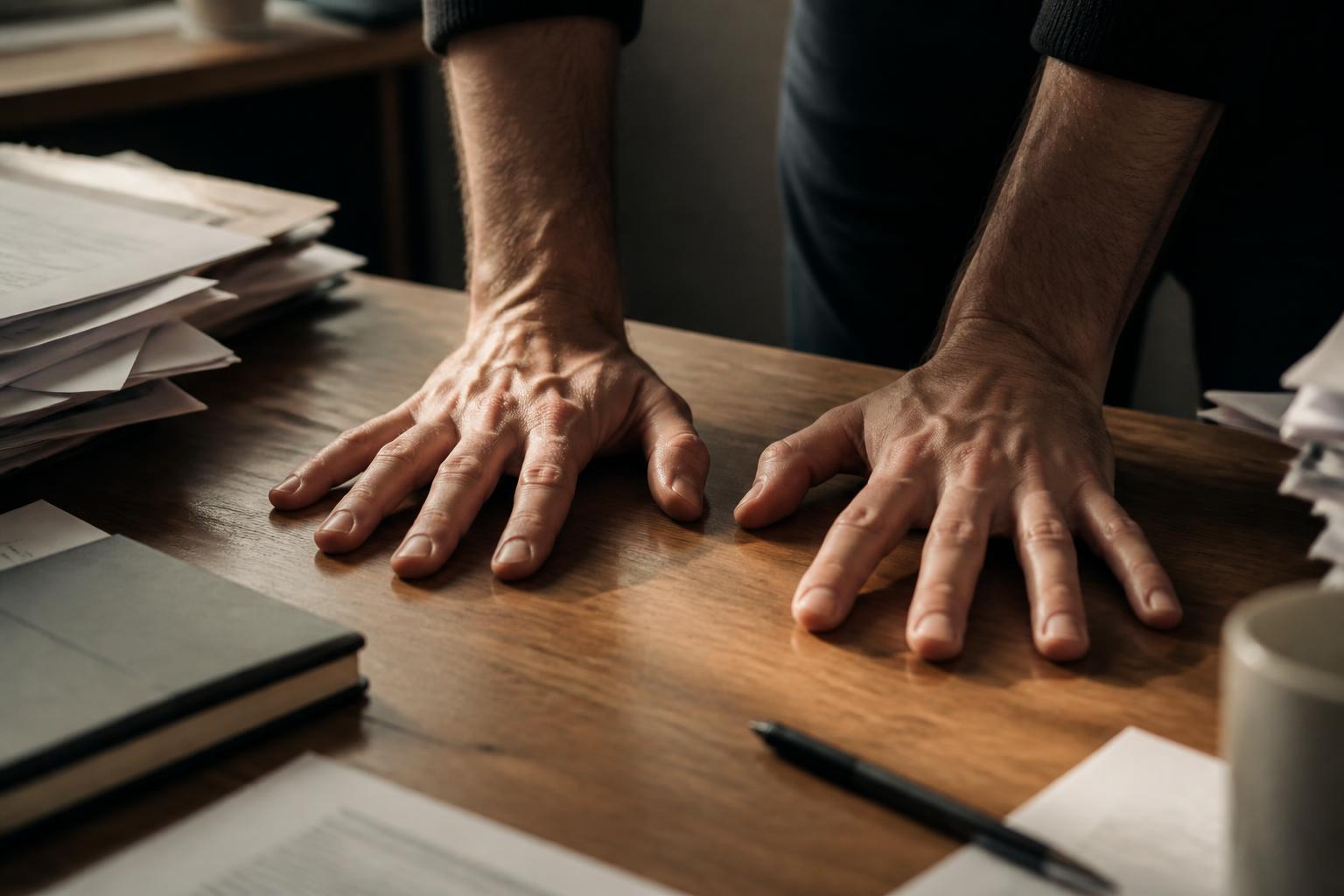 Mans tenses sobre una taula de fusta: la pressió continguda del burnout silenciós