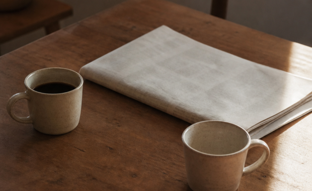 Tasses de cafè de ceràmica sobre una taula de fusta amb llum matinal: la distància emocional silenciosa a la parella