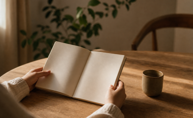 Crisis sin nombre: manos reposando sobre un cuaderno en blanco en una mesa de madera, luz cálida de mañana