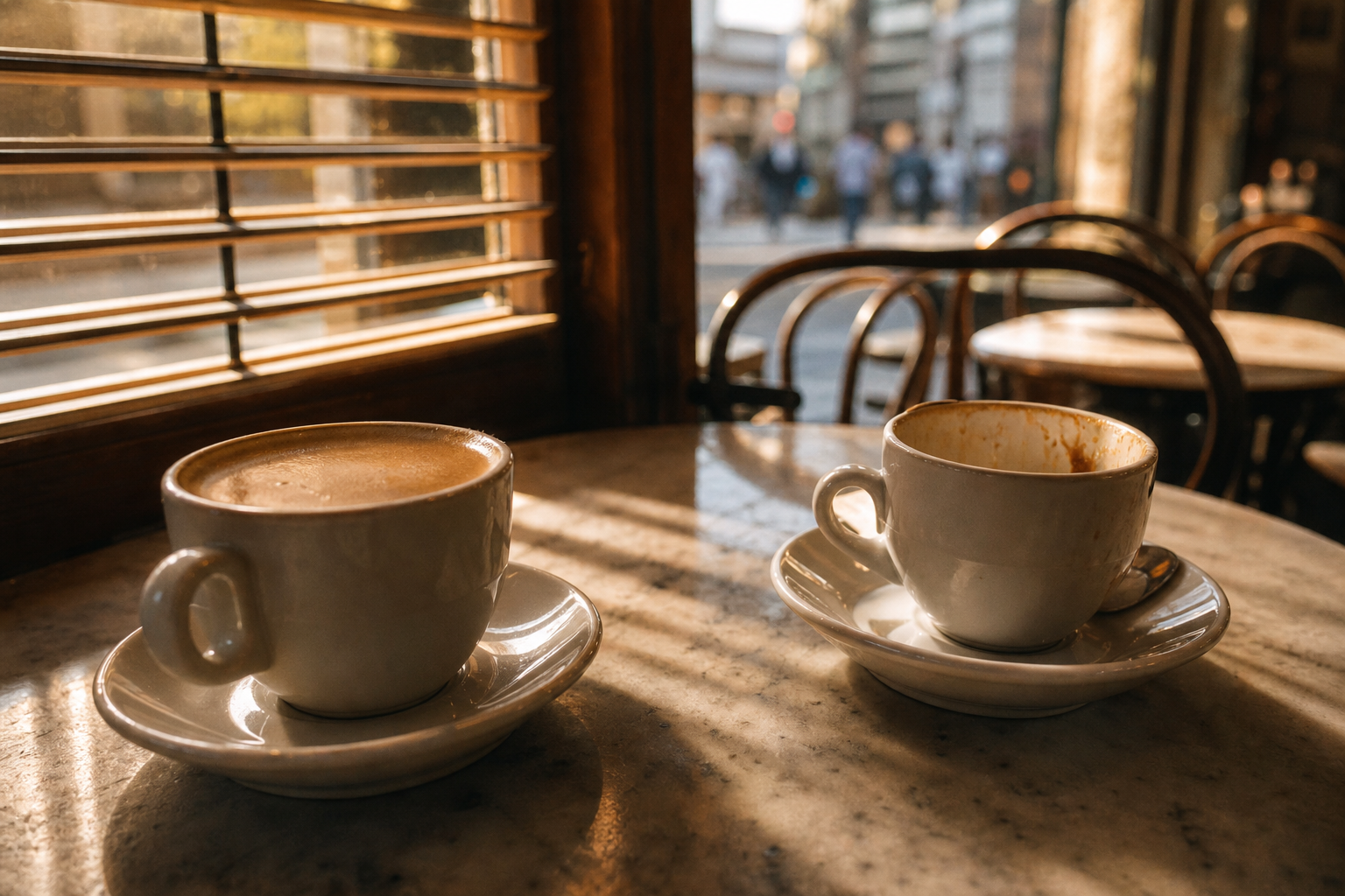 Dues tasses de cafè en una taula de marbre: parella que no discuteix i el que no es diu