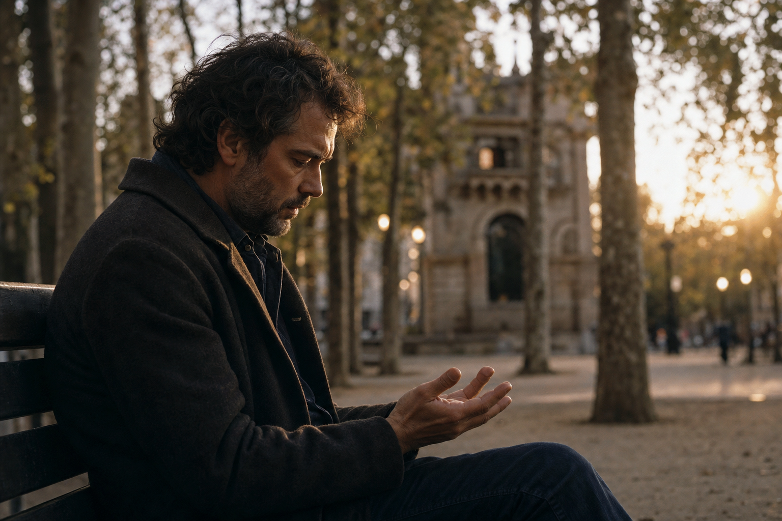 Home assegut en un banc de Barcelona mirant-se les mans, autoconeixement i introspecció