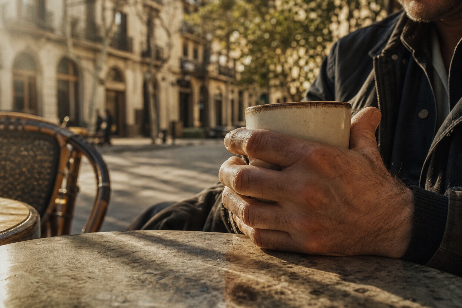 Addicció emocional: mans d'un home agafant una tassa de cafè amb tensió