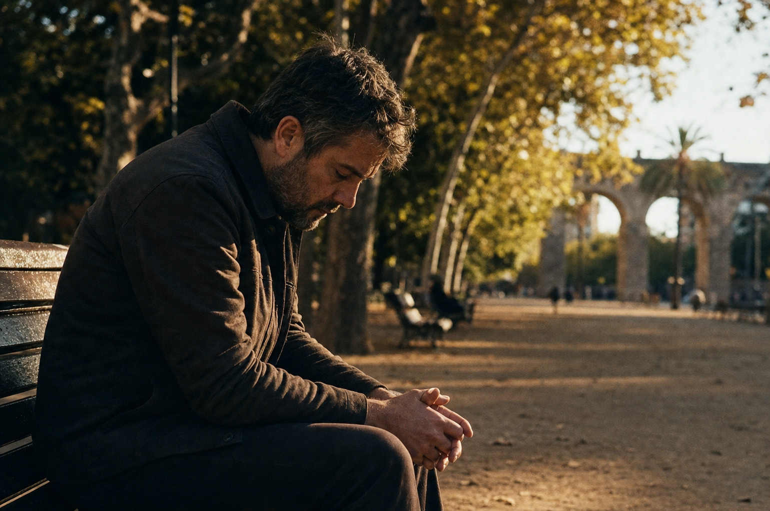 Home sol en un banc reflexionant sobre l'addicció emocional