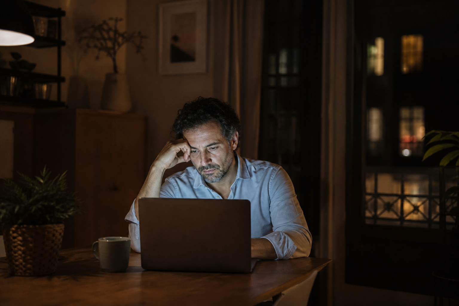 Addicció a la feina: home treballant de nit amb l'ordinador portàtil en un pis de Barcelona