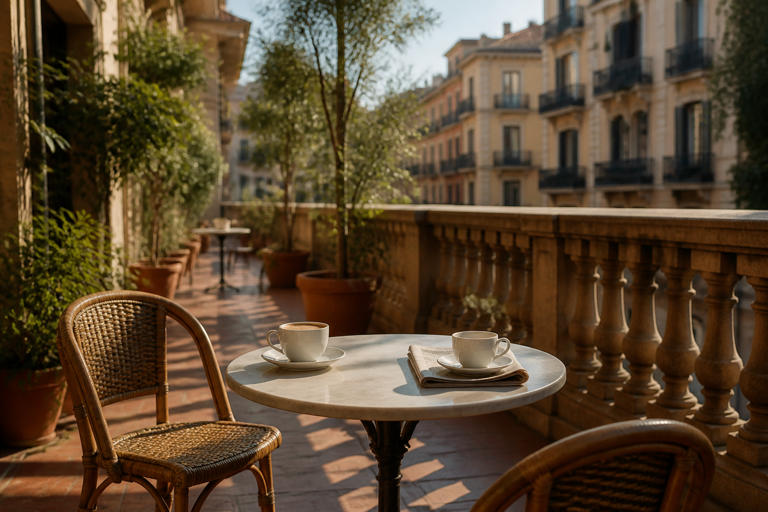 Addicció a la feina: terrassa de cafè buida al matí, dues tasses i una cadira buida per qui no para mai