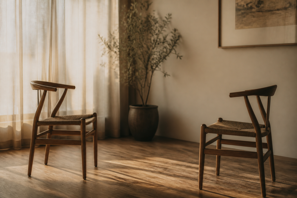 Dues cadires de fusta en una habitació amb llum matinal suau, amb espai visible entre elles: la diferència entre necessitar i estimar