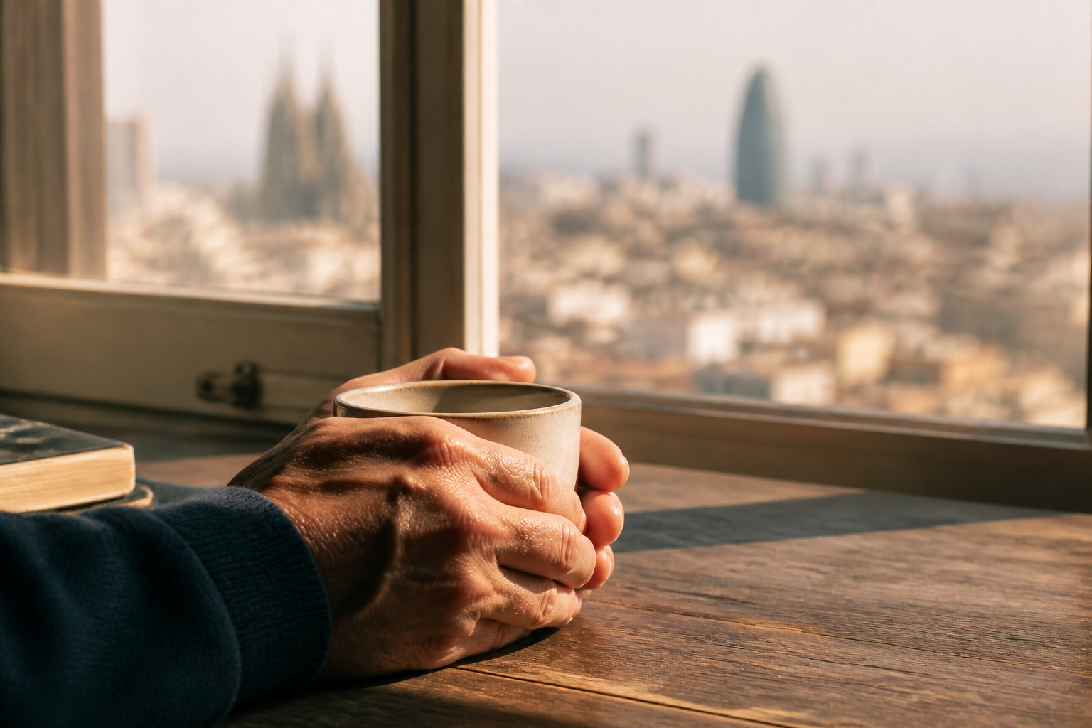 Mans masculines subjectant una tassa de cafè sobre una taula de fusta amb llum matinal: el gest de qui no troba el que buscava