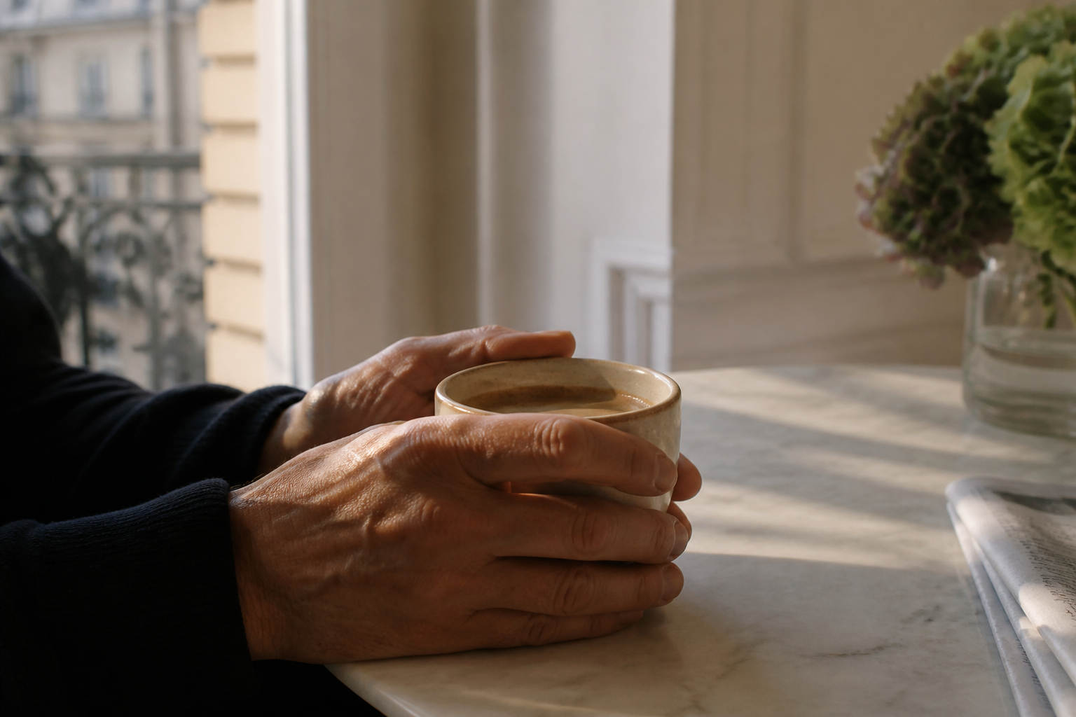 Mans masculines madures envoltant una tassa de cafè de ceràmica en una taula de marbre amb llum matinal suave d'un pis de Barcelona: el silenci de qui comença el dia sol per primera vegada