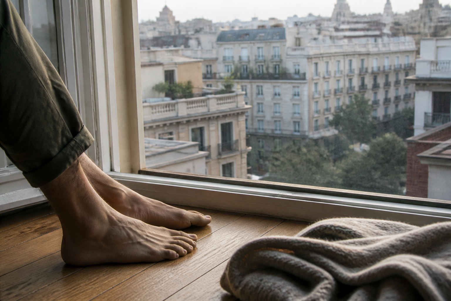 Peus masculins descalços sobre terra de fusta prop d'una finestra amb vista als teulats de l'Eixample de Barcelona: la quietud de qui travessa la solitud del dol de parella