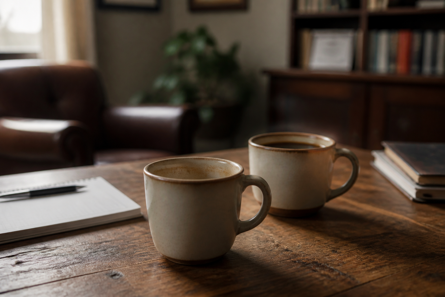 Dues tasses de cafè de ceràmica sobre una taula de fusta en un despatx de psicòleg: la distància que es crea quan ja no cal tenir raó