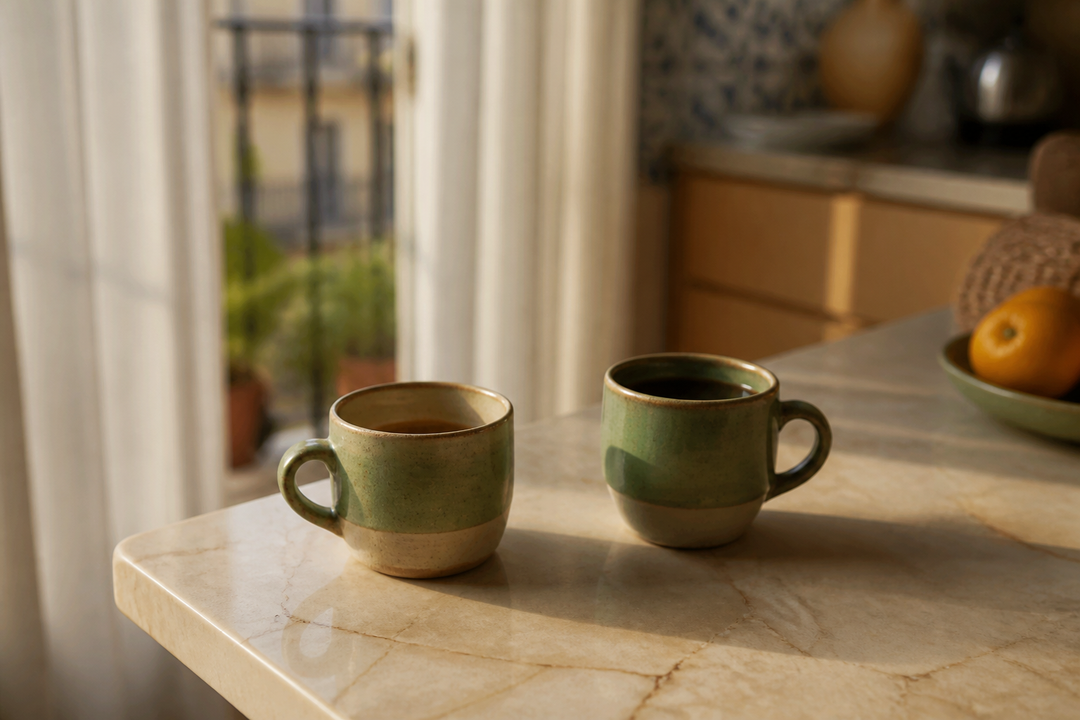 Dues tasses de cafè en una cuina: el matí en què la parella comparteix espai però no trobada