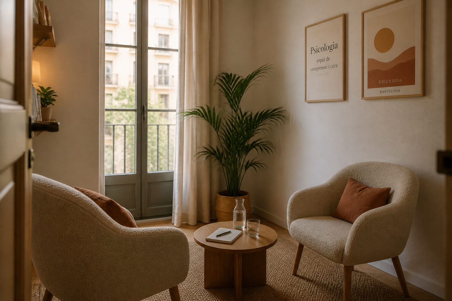 Sala de teràpia amb cadires tèxtils i llum natural càlida: la relació terapèutica es construeix en un espai segur