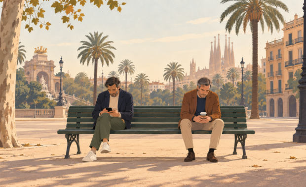 Il·lustració editorial de dos amics adults asseguts en un banc de parc, propers però distants, sobre la dificultat de fer amics a la maduresa