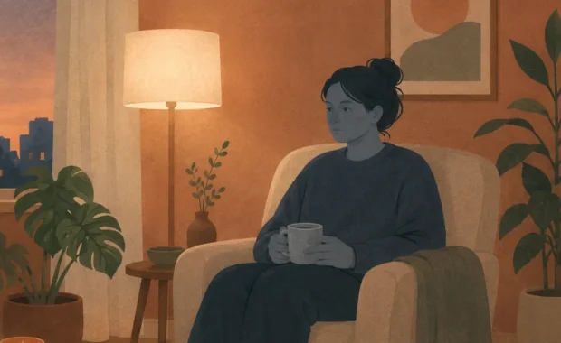 Il·lustració editorial d'una dona asseguda vora la finestra al capvespre, amb la mirada perduda i el te fred al costat: l'avorriment com a avís de manca de sentit