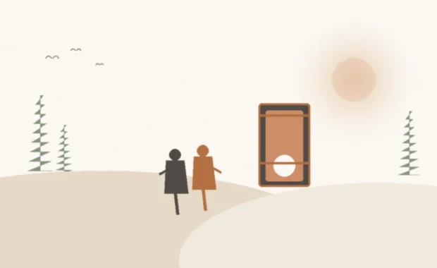 Il·lustració editorial càlida d'una parella davant un portal de fusta al vespre: una persona avança cap a la porta oberta i l'altra es queda un pas enrere, amb el braç dubtant