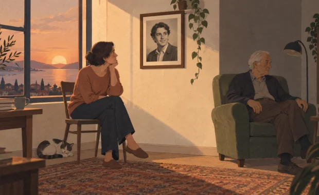 Il·lustració editorial: una dona mira la fotografia emmarcada d'una persona estimada que seu en silenci a la mateixa habitació, representant el dol anticipat