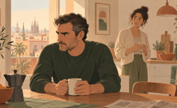Il·lustració editorial càlida d'un home tens a taula al matí mentre la seva parella l'observa amb preocupació