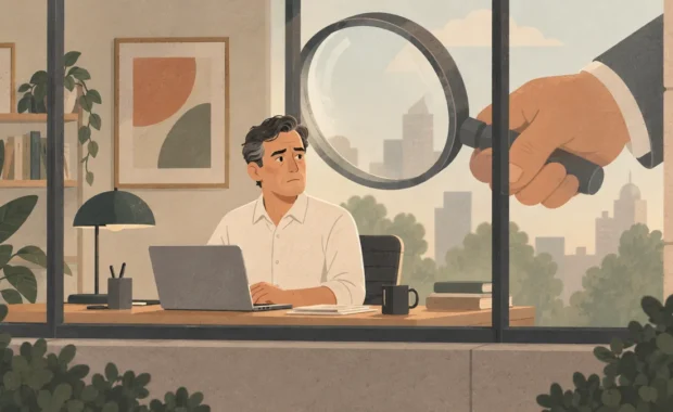 Il·lustració editorial: un home treballa a l'ordinador mentre una mà gegant amb una lupa l'inspecciona des de la finestra