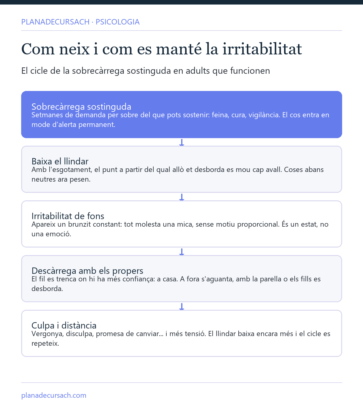 Esquema del cicle de la irritabilitat: sobrecàrrega sostinguda, baixada del llindar, irritabilitat de fons, descàrrega amb els propers i culpa
