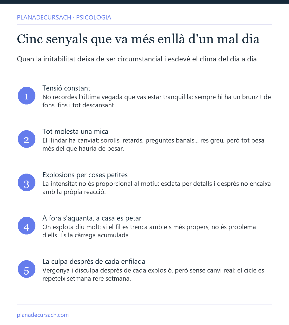 Infografia amb cinc senyals que indiquen que la irritabilitat va més enllà d'un mal dia: tensió constant, tot molesta, explosions per coses petites, refugi i petar a casa