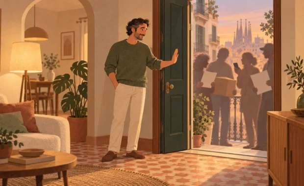 Il·lustració editorial d'un home que sosté una conversa serena a la porta de casa, sobre posar límits sense tancar el vincle