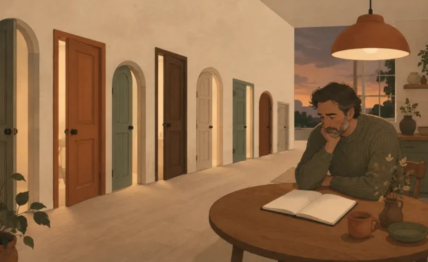 Il·lustració editorial d'un home pensatiu a taula al vespre davant d'un quadern, amb diverses portes entreobertes al fons: la paràlisi davant de les decisions vitals