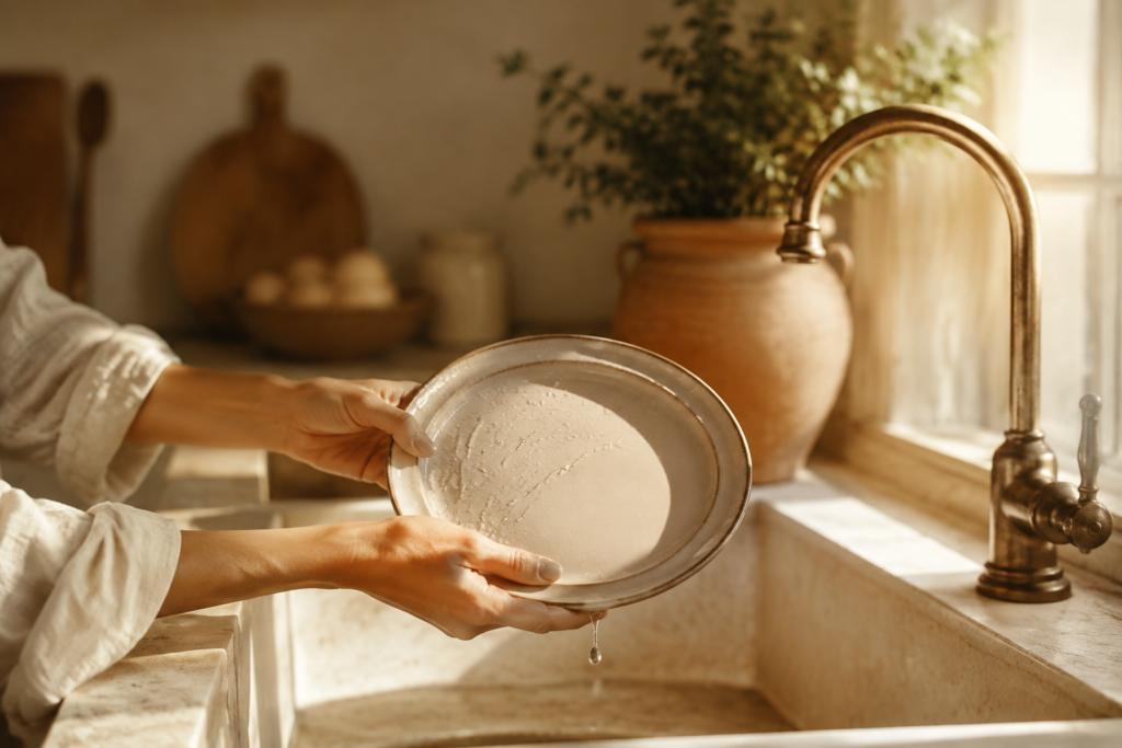 Dues mans sostenint un plat a la cuina: metàfora de la distribució de tasques a la parella