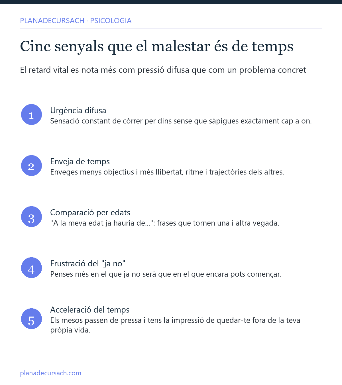 Infografia amb cinc senyals que el malestar és de temps: urgència difusa, enveja de llibertat, comparació per edats, frustració del ja no i acceleració dels mesos