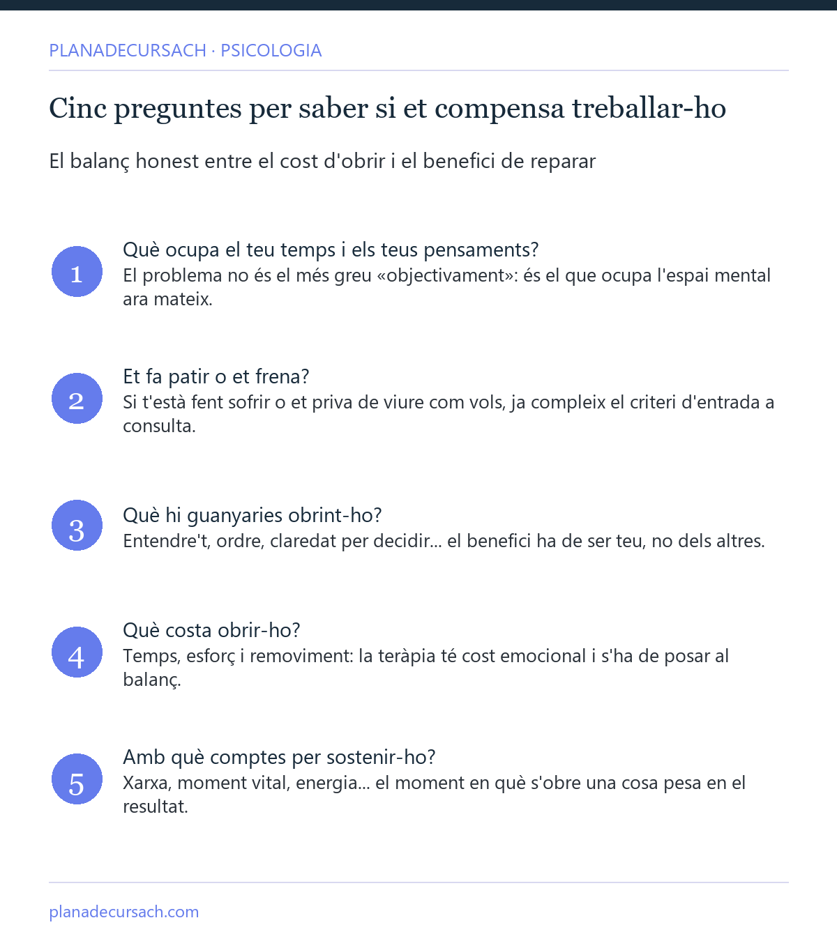 Infografia amb cinc preguntes per decidir si un tema et compensa treballar-lo en teràpia