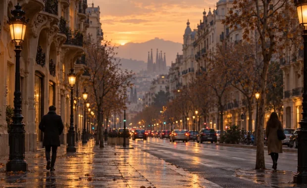 Avinguda de l'Eixample de Barcelona al capvespre, amb siluetes que s'allunyen en voreres oposades i fanals encesos entre la boirina