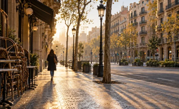 Carrer de l'Eixample de Barcelona a primera hora del matí amb llum daurada i una persona anònima de esquena caminant: imatge de portada sobre l'ansietat matinal