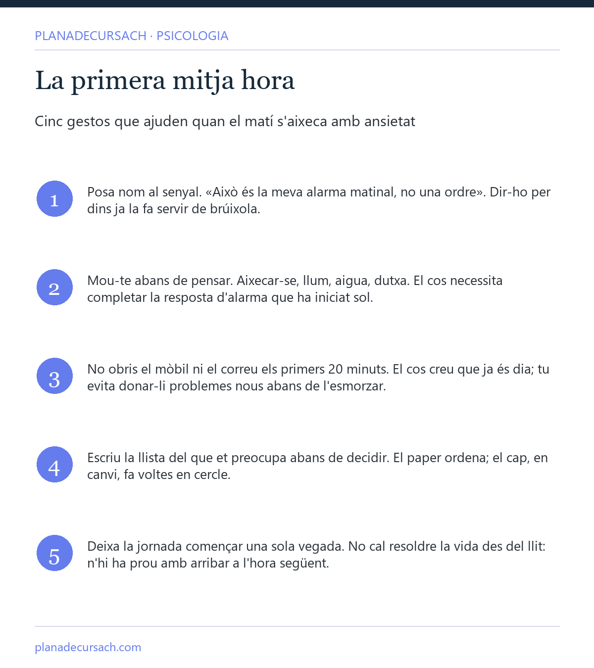 Infografia amb cinc gestos per a la primera mitja hora del matí quan et despertes amb ansietat