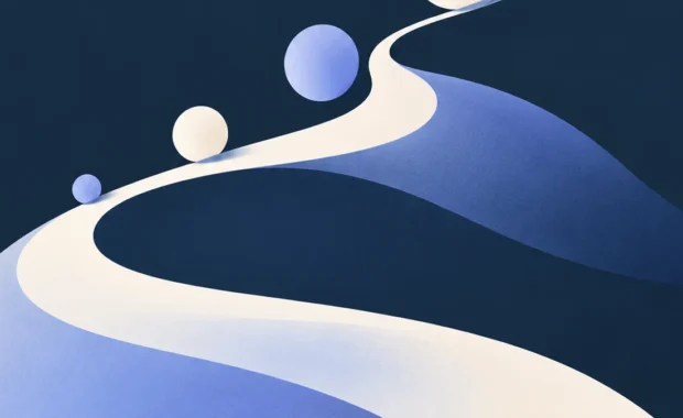 Composició abstracta minimalista amb una corba orgànica ascendent sobre fons blau marí tinta, que suggereix el pas de la vida com un camí serè i no com una caiguda