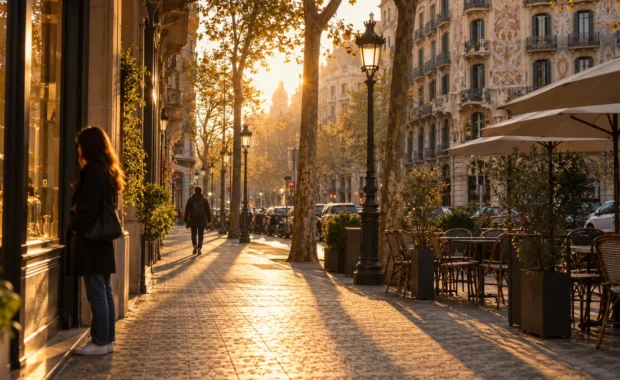 Carrer de l'Eixample de Barcelona al capvespre, amb una figura anònima de costat observant un aparador i ombres llargues sobre la vorera de mosaic