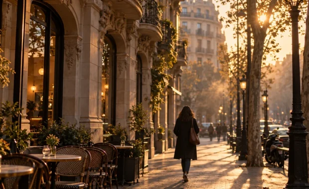 Carrer de l'Eixample de Barcelona a l'hora daurada, amb una persona anònima caminant de lluny: imatge de portada sobre la procrastinació adulta
