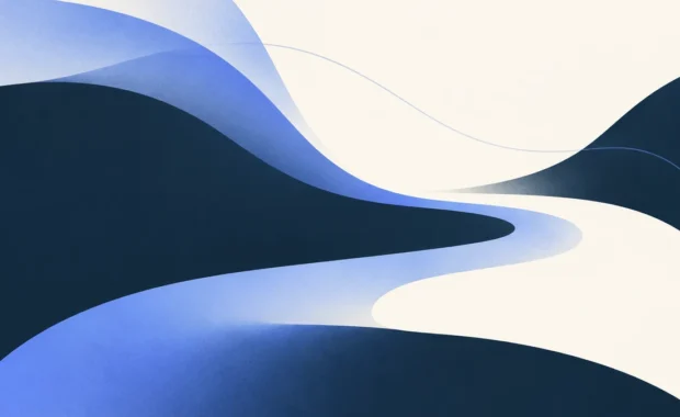 Composició abstracta en blau marí i crema amb corbes suaus que pugen i es trenen, imatge de portada sobre millora personal i autoexigència